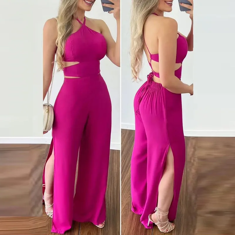

Sexy Women Halter Jumpsuits 2022 New Fashion Solid Side Split Set Summer Thin Off Shoulder Backless Lady Suit Club Party Clothes