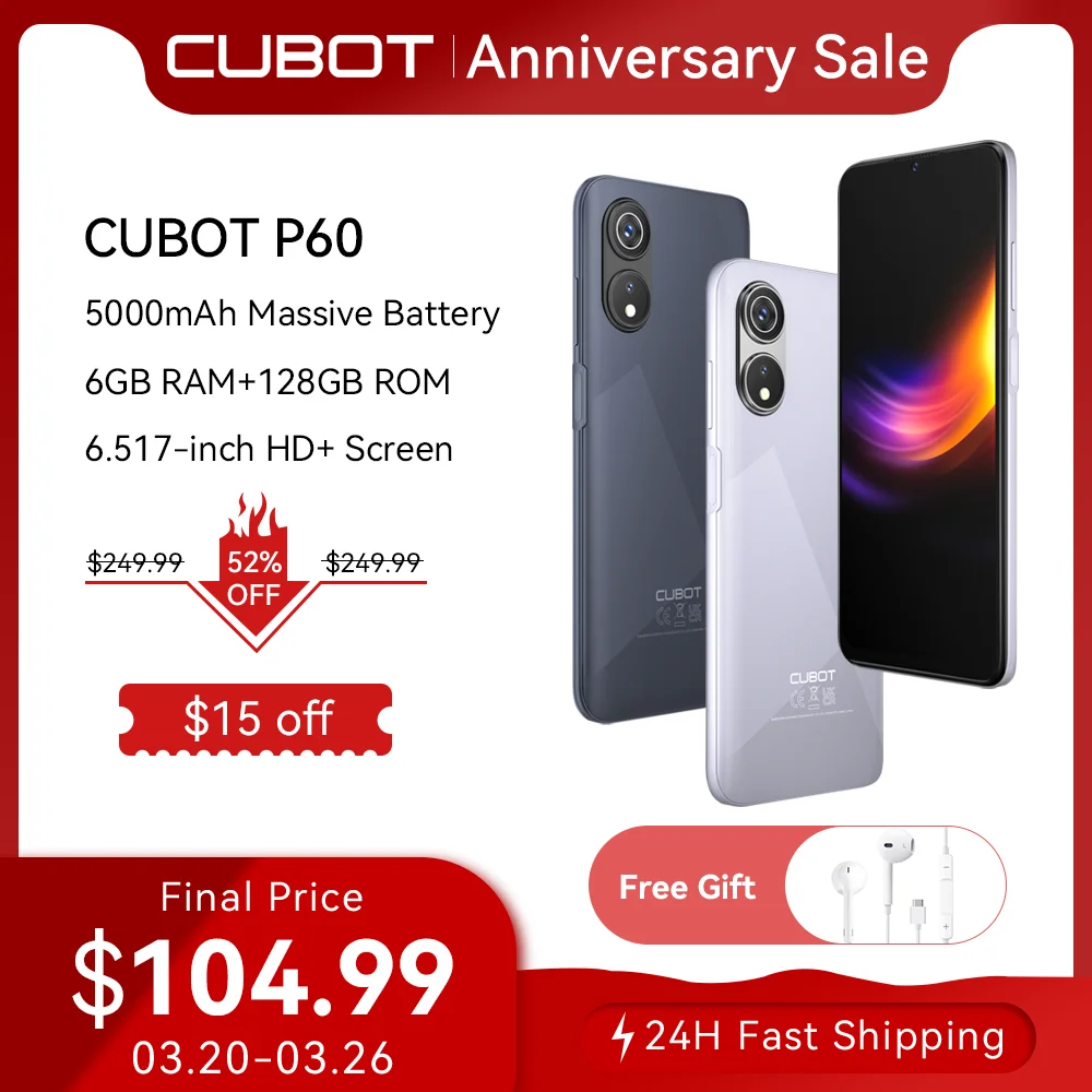 Cubot P60, Android 12 Smartphone, 6.517'', Octa-Core, 6GB+128GB (256GB Extended), 20MP Camera, 5000mAh, Dual SIM 4G Celulares,GPS