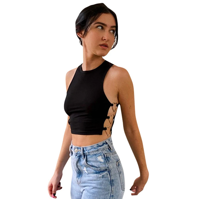 

2022 Crop Top y2k Aesthetic Clothes Side Hollow Out T Shirt with Heart Rings Black T-shirts for Girls Basic Vest Women Pullovers