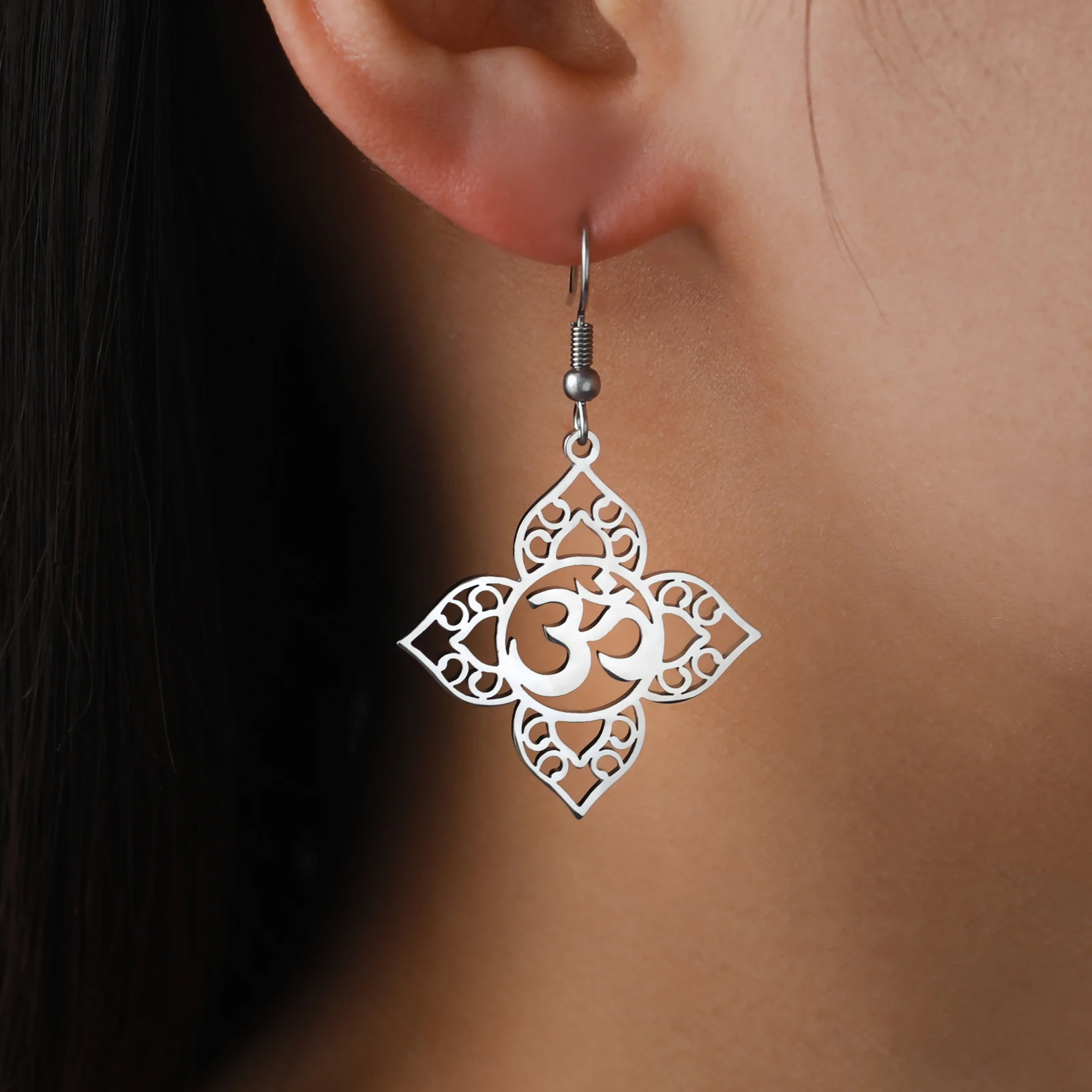 

LIKGREAT OM Buddhism Lotus Flower Earring for Women Stainless Steel Mala Indian Yoga Chakra Drop Earrings Buddhist Jewelry Gift