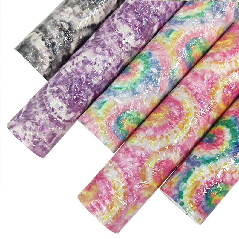 

30*135CM Iridescent Tie Dye Embossed Faux Leather Sheet Holographic Hand Grab Texture Fabric for Sewing Bow Decorative Box Shoes