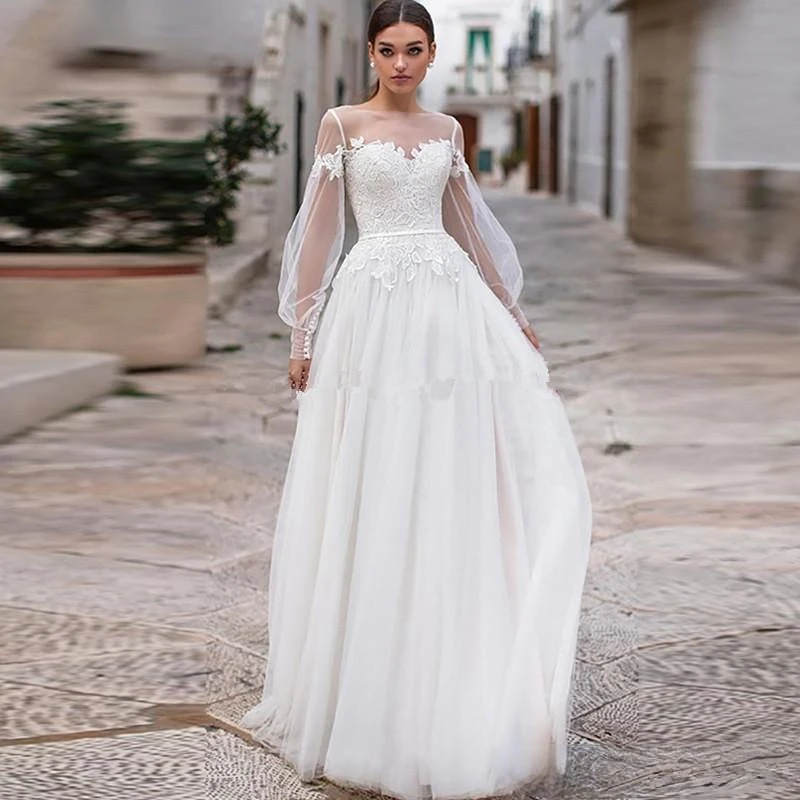 

Modest Long Sleeves Lace Bohemia Wedding Dresses Sheer Jewel Neck Lace Appliques A Line Wedding Bridal Gowns With Buttons