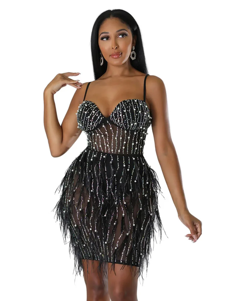 

Sexy Mesh Feather Rhinestone Beaded Bodycon Mini Dress Nightclub See Through Outfits Party Short Prom Club Dresses Women Evening