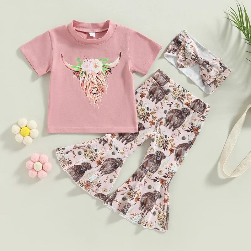 

3pcs Summer Children Girls Clothing Sets Kids Casual Outfits Cattle Flower Print Short Sleeve T-shirts+Flare Long Pants+Headband