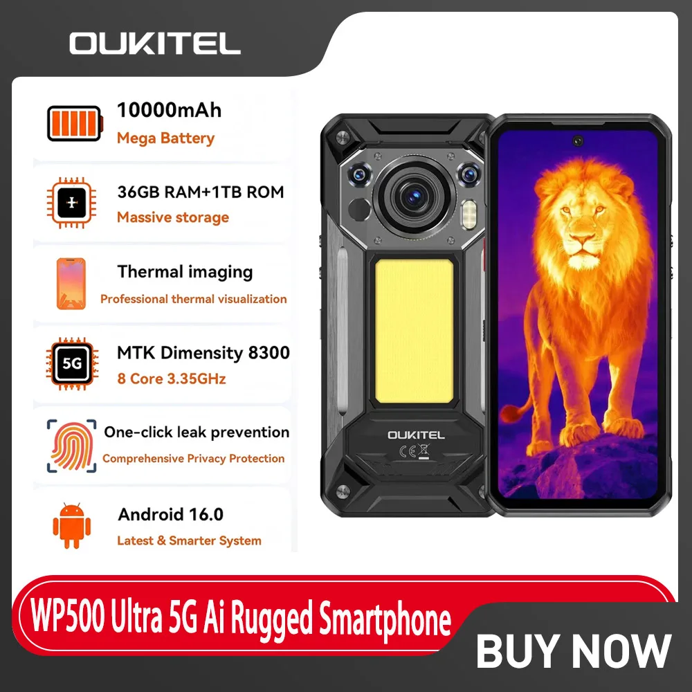 Фото Смартфон OUKITEL WP500 Ultra Rugged с ИИ-камерой тепловизионного сканирования, кнопкой конфиденциальности, Dimensity 8300, 108 МП, 10000 мАч, 36 ГБ ОЗУ, 1 ТБ ПЗУ, IP68 №1
