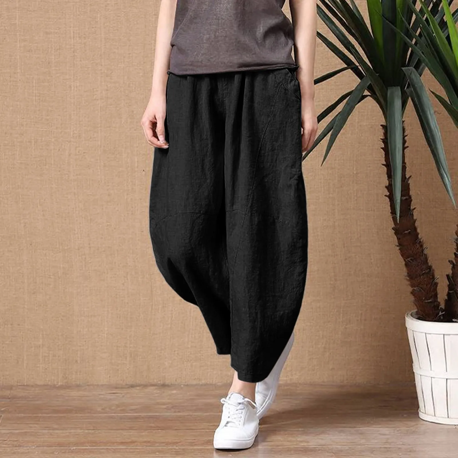 

Women'S Elastic Waist Breathable Trousers Loose Solid Cotton Linen Vintage High Waist Pants With Pockets Loose Oversize Bloomer