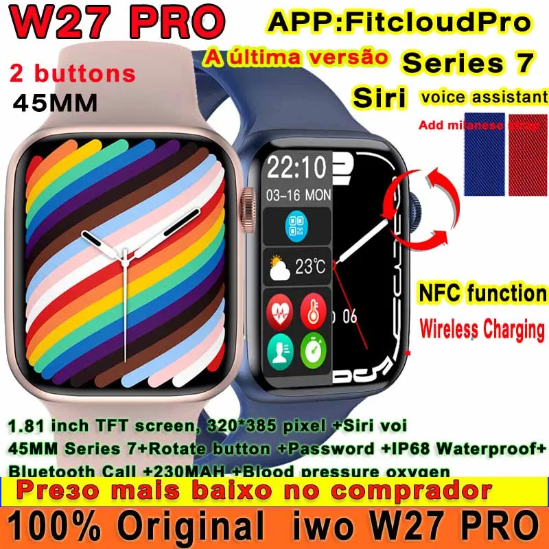 

Оригинальные Смарт-часы iwo W27 Pro, Siri 45 мм, серия 7, беспроводное зарядное устройство, функция NFC, ЭКГ, Bluetooth, звонки, IP68, водонепроницаемые Смарт-ч...