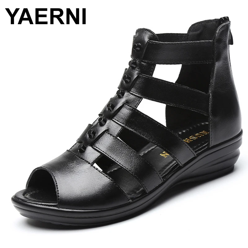 

Summer new leather slope with women's sandals comfortable Roman middle-aged sandals fish mouth mid-heel moccasins