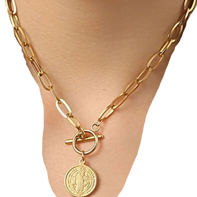 

Golden Color Saint St Benedict Coin Medallion Toggle Necklace For Women Men Stainless Steel Medal San Benito Pendant Long Choker