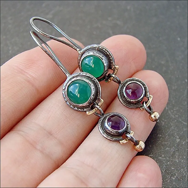 

2021 Lovely Small Round Green Purple Stone Drop Earrings for Women Boho Tribal Brincos Blac Metal Dainty Earring Jewelry