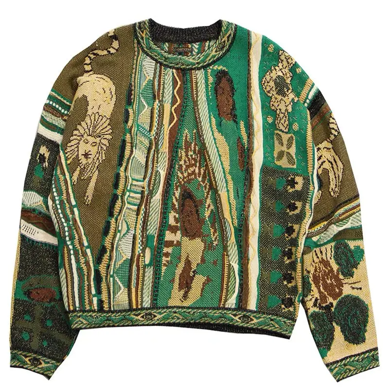 Kapital Japan Style Vintage Knitted Women and Men Sweater Green Printed Crew Neck Loose Casual Thickened Contrast Pullover