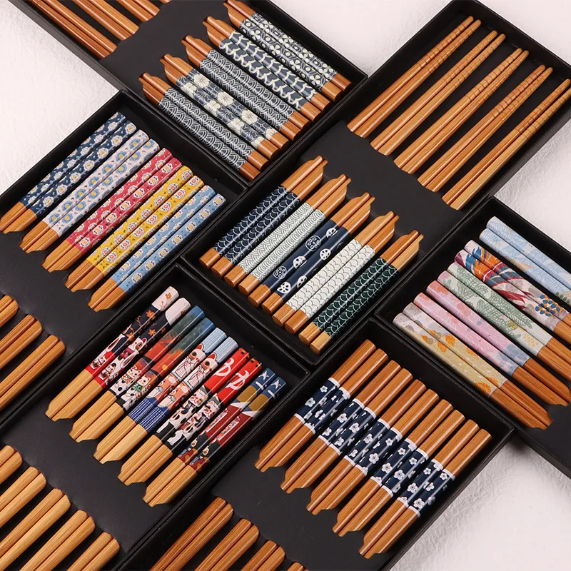 

5 pairs of bamboo chopsticks household long chopsticks family pointy cute personality bamboo non-slip set tableware chopsticks