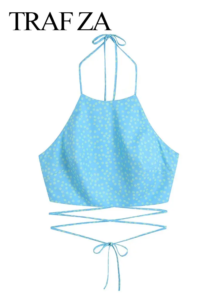 

TRAF ZA Summer Women's Halter Strap Lacing Bow Camisole Print Short Sleeveless Open Back Cross-Strap Tank Top Daily Street Lady