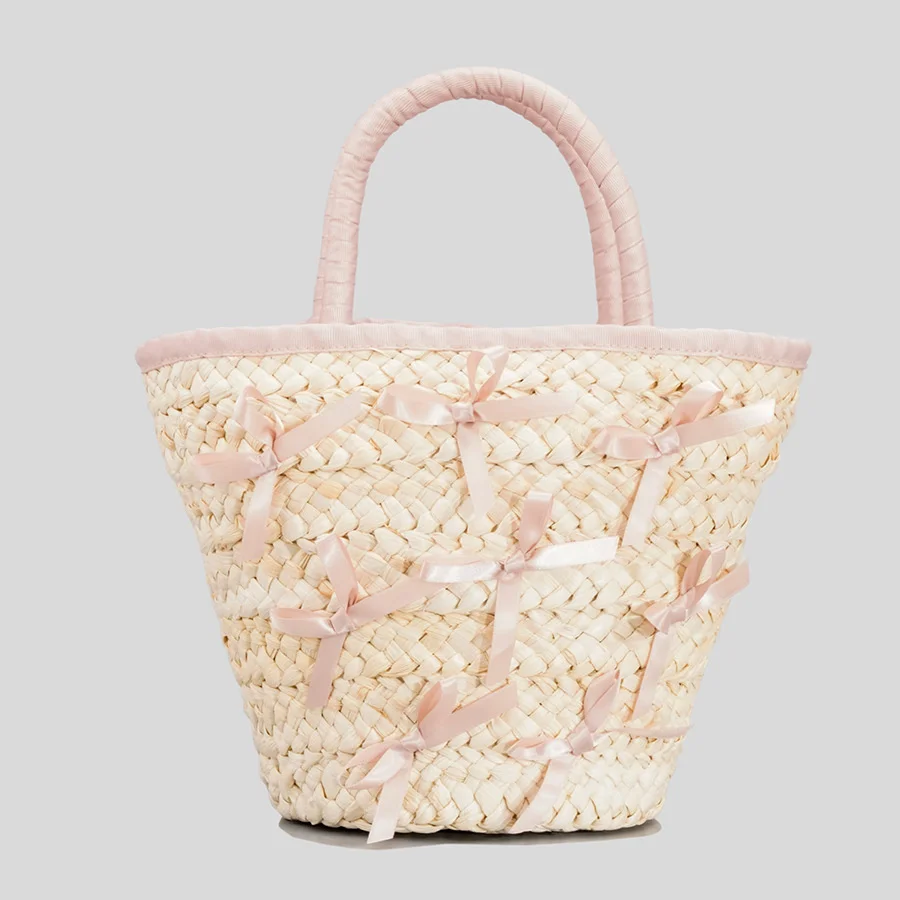 

Милая плетеная Сумка-корзина из ротанга с бантом, повседневные женские сумочки из кукурузной шелухи, летние бумажные сумки-ведра ручной работы для пляжа, милые маленькие сумки-тоуты