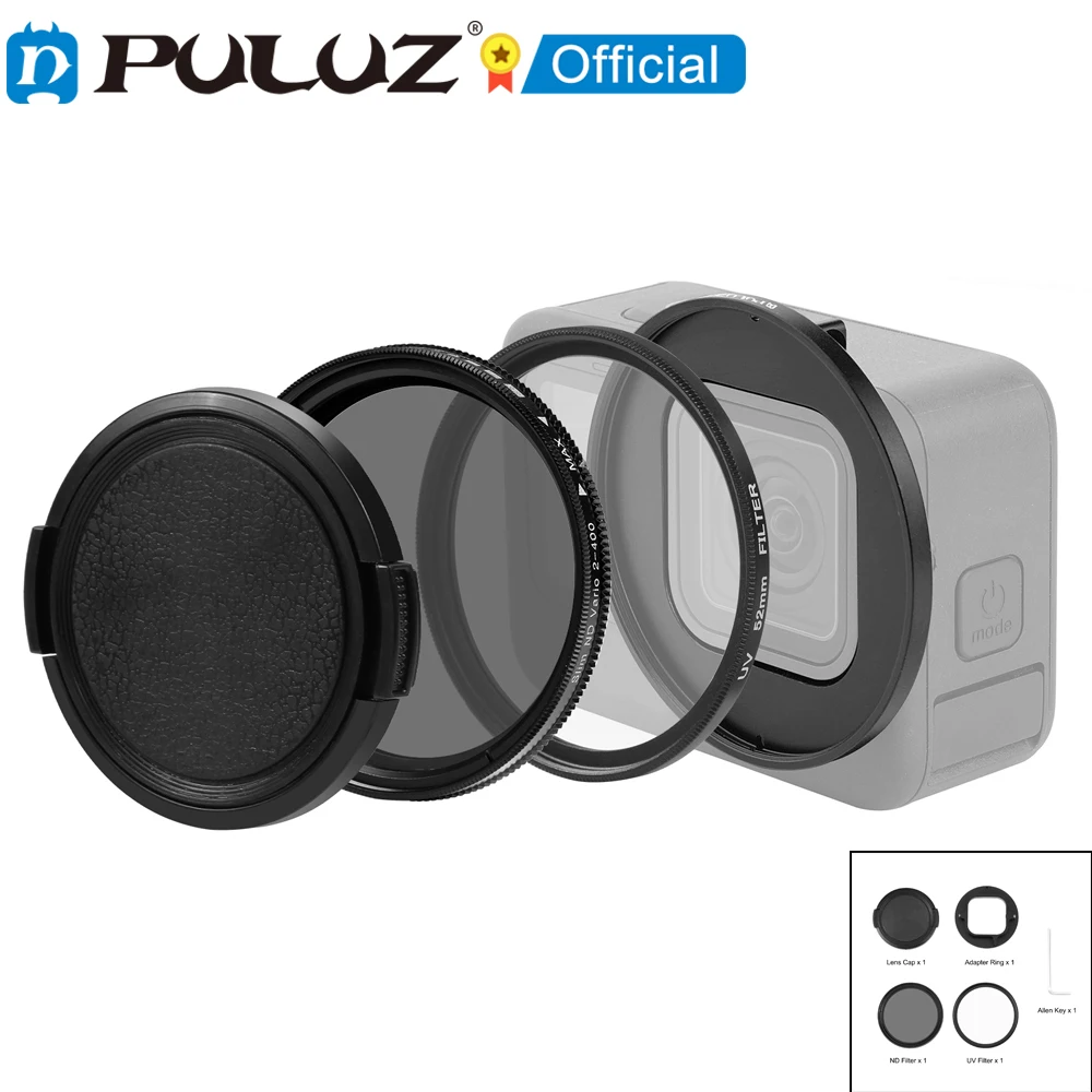 

PULUZ for GoPro Hero11/ HERO10 / HERO9 52mm UV ND2-400 Filter with Adapter Ring Aluminum Alloy Frame ND UV Lens Filter Set