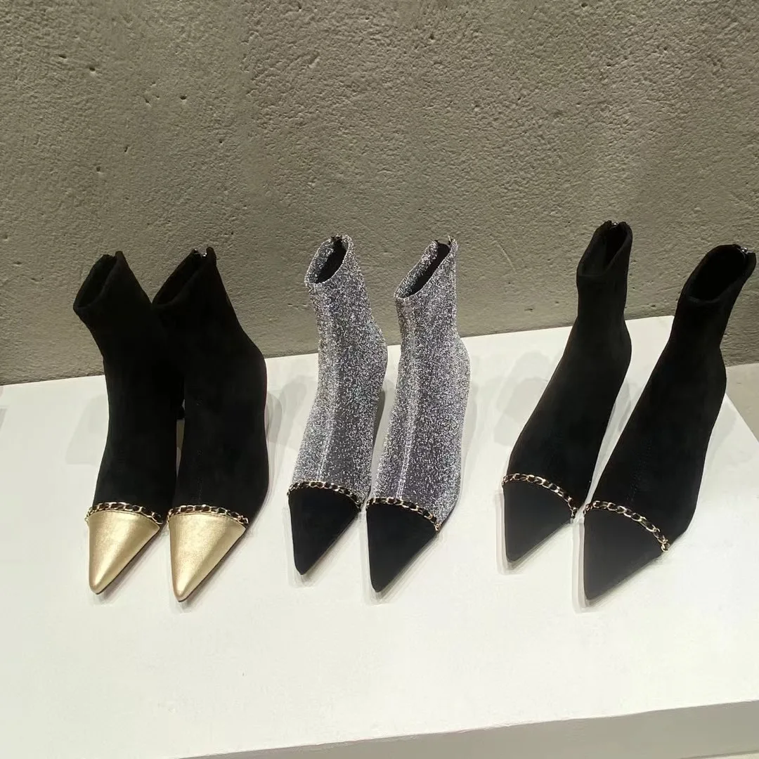 

Fashion Women Ankle Boots Bling Flock Short Bootie Autumn Spring Metal Chain Thin Mid Heels Stretch Shoes Back Zipper Pumps 39