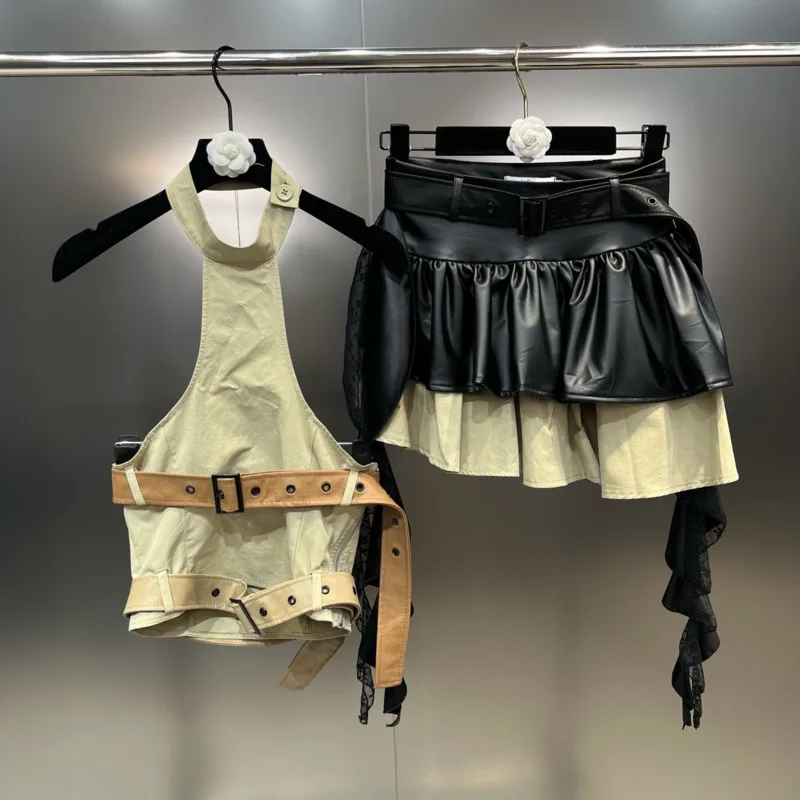 

PREPOMP 2023 Summer New Collection Halter Sleeveless Backless Bandage Tank Top Pu Short Skirt Two Piece Set Outfits GK654