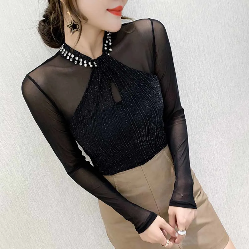 

2022 New Spring Autumn Clothes Sexy Mesh Patchwork Shiny hot drill T-shirt Women Tops Ropa Mujer Bright Bottoming Shirt Tees
