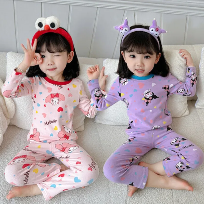 

New Anime Kawaii Sanrio Kuromi Thermal Underwear Girl Children My Melody Cute Print Round Neck Pajama Set Bottoming Shirt Gift