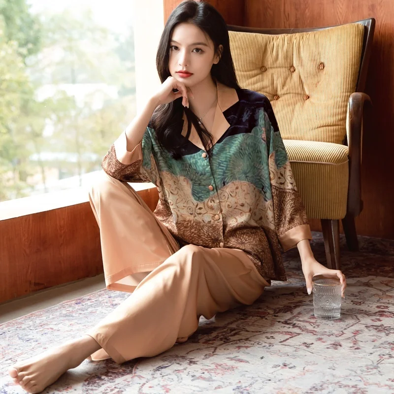 Lisacmvpnel Ice Silk Printed Pajamas For Women Spring New 2023 Cardigan Long Sleeve Housewear Two-piece Set Pyjamas