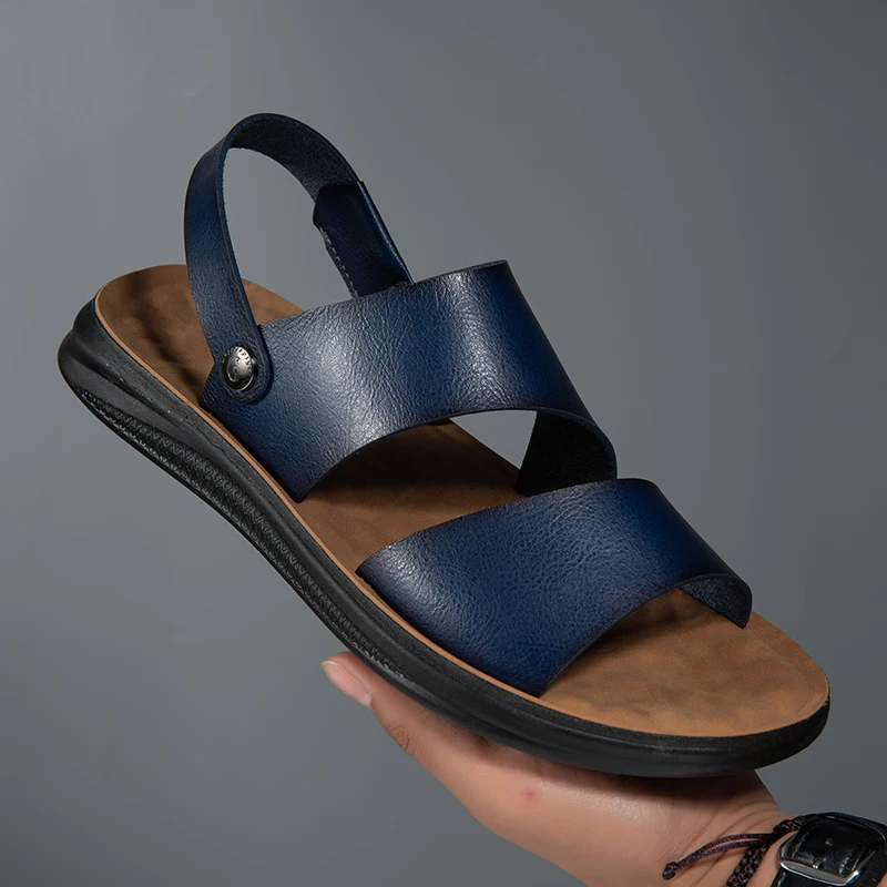 

New Leather Slippers Summer Men's Shoes Casual Outdoor Flip-Flops Breathable Indoor Non-slip Flat Fashion Beach Slippers