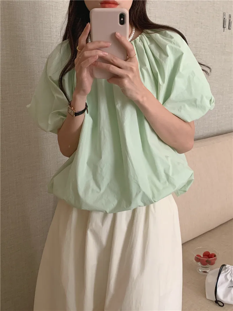 

2Colors 2022 Summer Korean Style Sweet O Neck Short Puff Sleeve Shirt Blouse Female Outwear tops (G9511