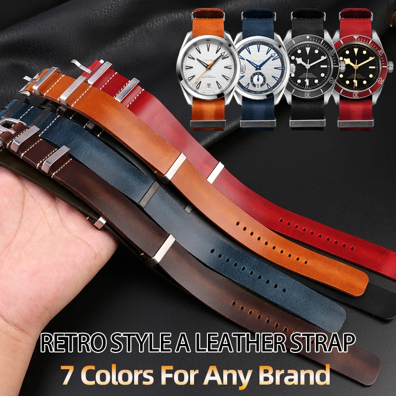 

ZULU Vintage waxed cowhide watchband For Seiko TIMEX T49905 Hamilton longer Men strap 20mm 22mm 24mm three-ring buckle thic