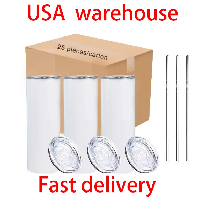 

USA Warehouse In Stock 20oz Sublimation Blanks Straight Skinny Tumbler Double Wall Stainless Steel Cup With Lid And Metal Straw