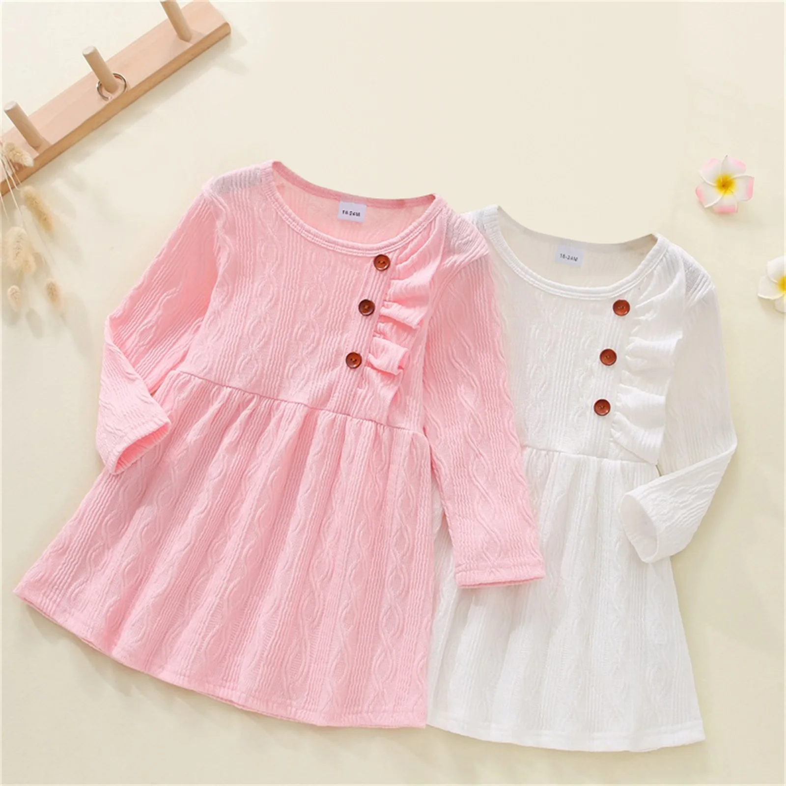 

1-6 Years Full Sleeve Solid Baby Girl Dress, Long Sleeve Round Neck Buttons A-lined Casual Party Fall Princess Loose Midi