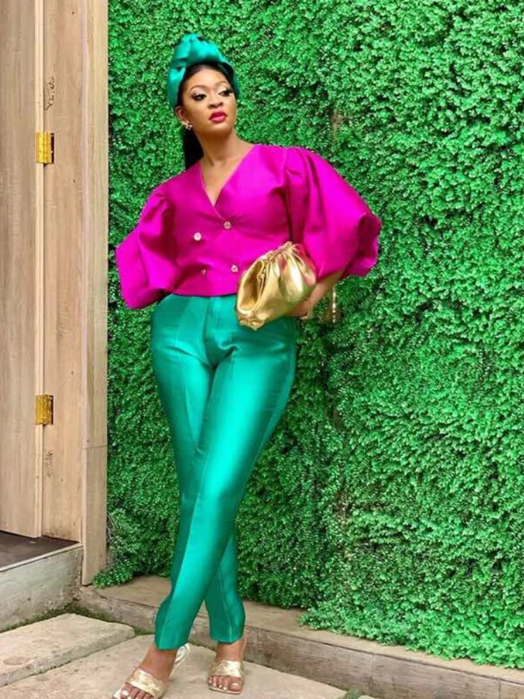 

Женский офисный комплект из двух предметов, элегантный комплект из топа с V-образным вырезом и брюк с двумя пуговицами и рукавами-фонариками и брюк с высокой талией