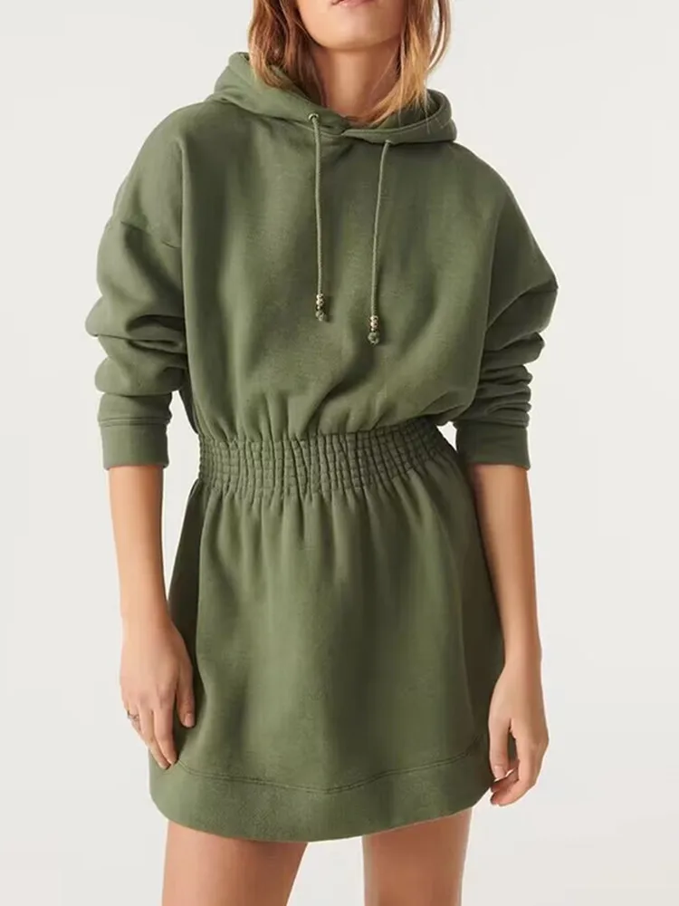 

Women Drawstring Hooded Elastic Waist Long Sleeve Casual 2023 Autumn Mini Dress