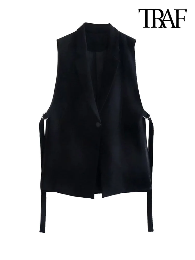 

TRAF Women Fashion With Vents Adjustable Tabs Waistcoat Vintage Sleeveless Front Button Female Outerwear Chic Tops