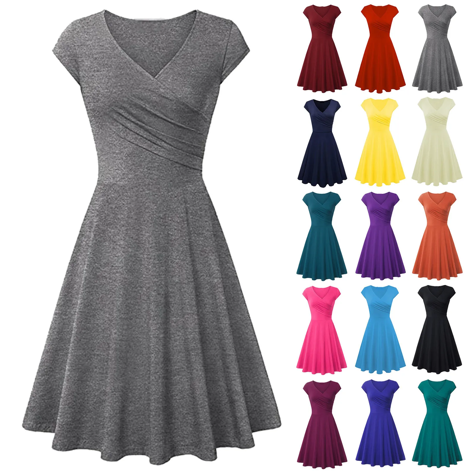 

Женское хлопковое плиссированное платье-трапеция, с V-образным вырезом и коротким рукавом, элегантная однотонная повседневная юбка, Новое п...