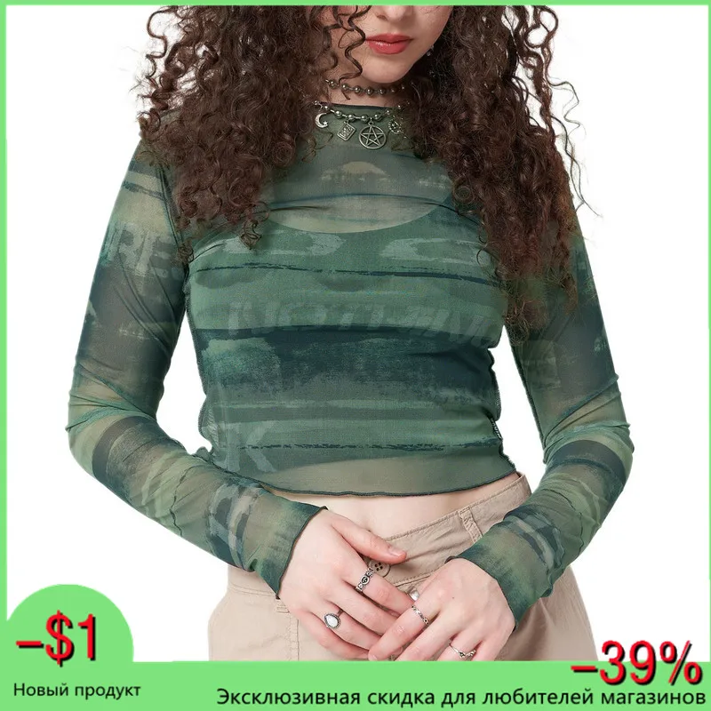 

Women Long Sleeve Crop Mesh Tops See Through Sexy Clothing 2022 Latest Fashion y2k Letter Pattern Skinny Version Clothes