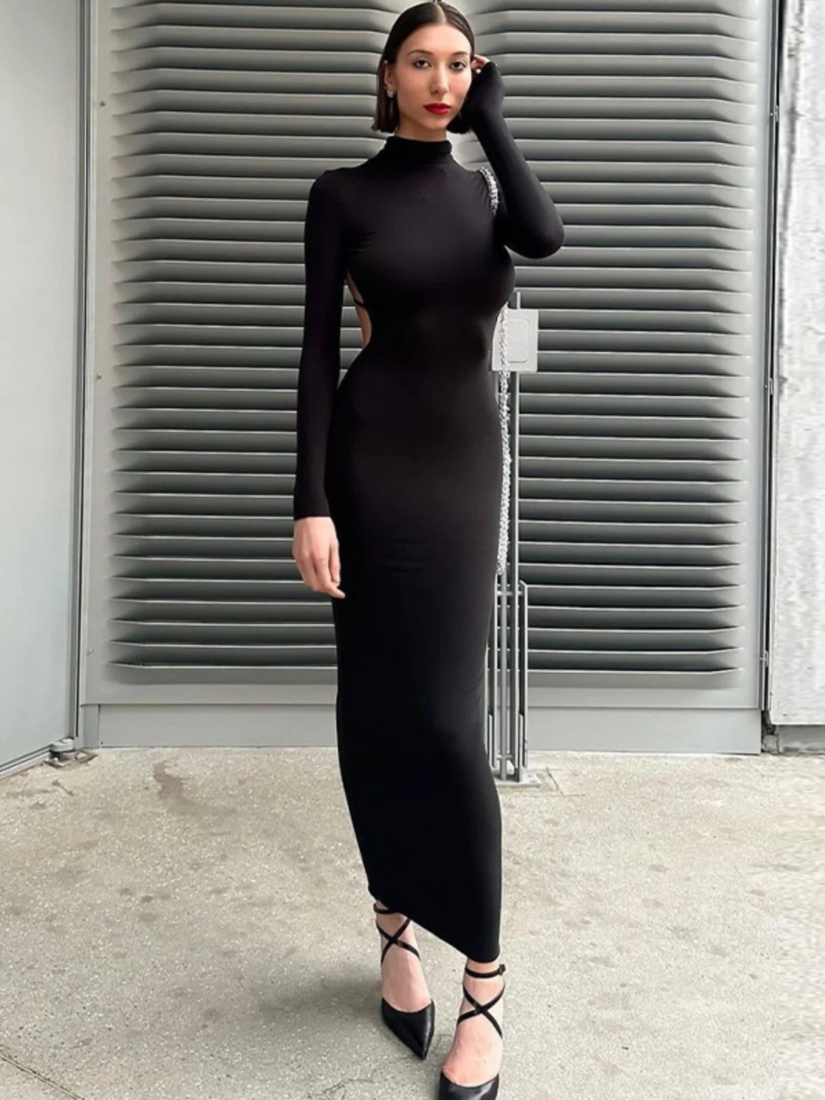 

Autumn Fashion Women Black Long Dress Bodycon Tight-fitting Turtleneck Long Sleeve Elastic Backless Party Maxi Dresses Vestidos