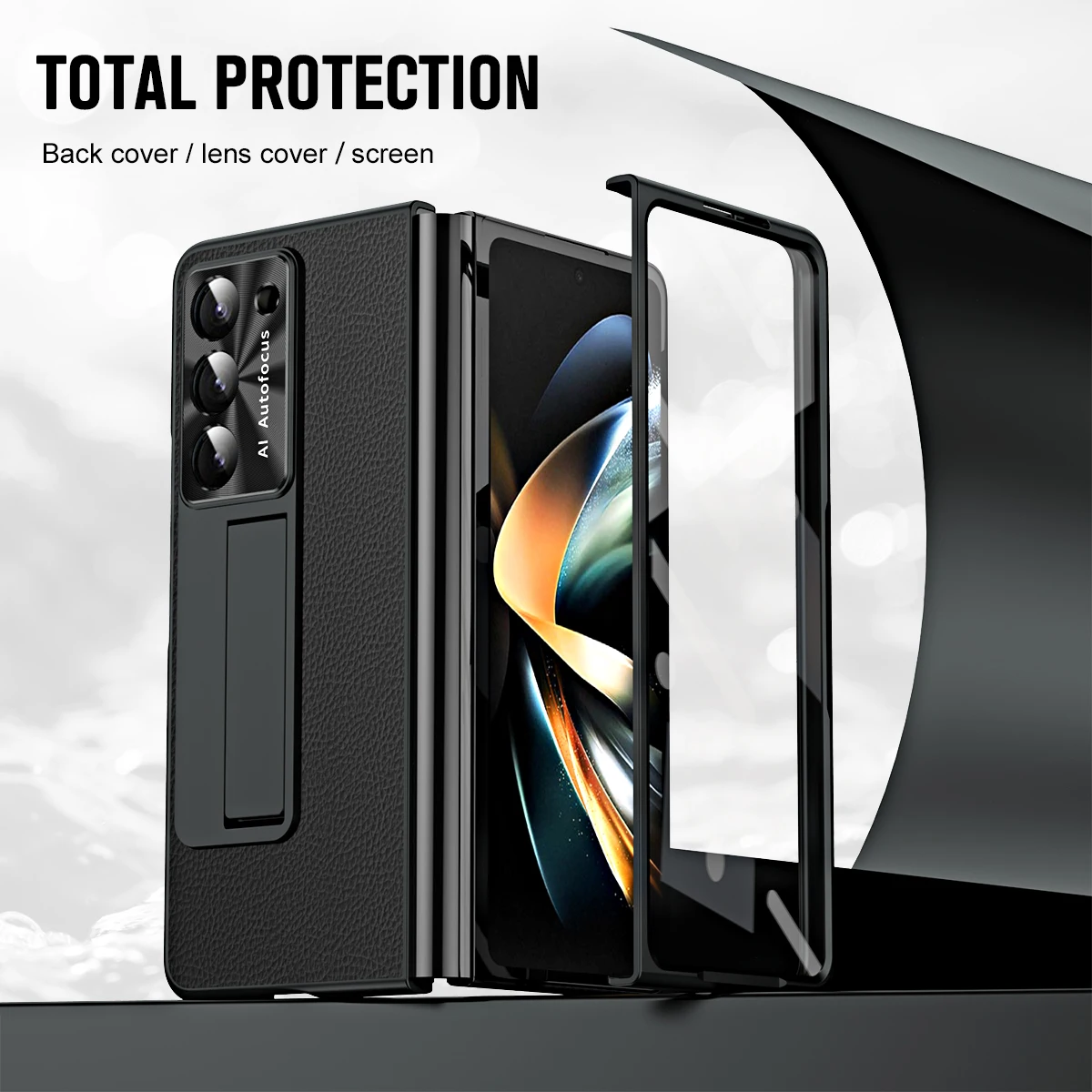 

Phone Cases For Samsung Galaxy Z Fold 5 Shell Film Integrated Folding Protective Cover Lychee Textured Leather Bracket Case New