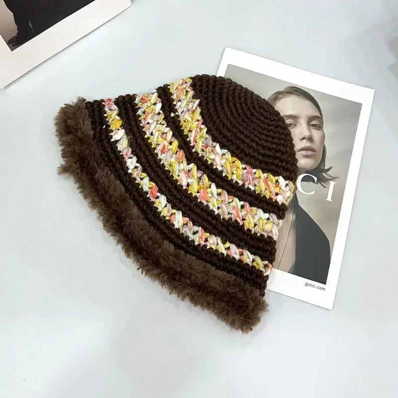 Wholesale New 2024 Korean Style Colorful Striped Plush Fishing Cap Women's Large Head Circumference Warm Thickened Pot