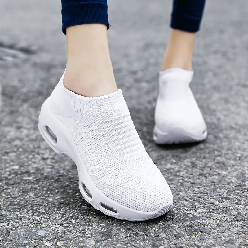

Women Flat Shoes Ladies Sneakers Knitting Breathable Solid Color Round Shape Air Cushion Non Slip Large Size Casual