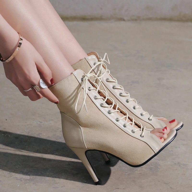 Fashion Women's Dance Thin High Heels Shoes Sexy Stilettos Latin Jazz Lace Up Ankle Boots Peep Toe Breathable Ballroom Sandals