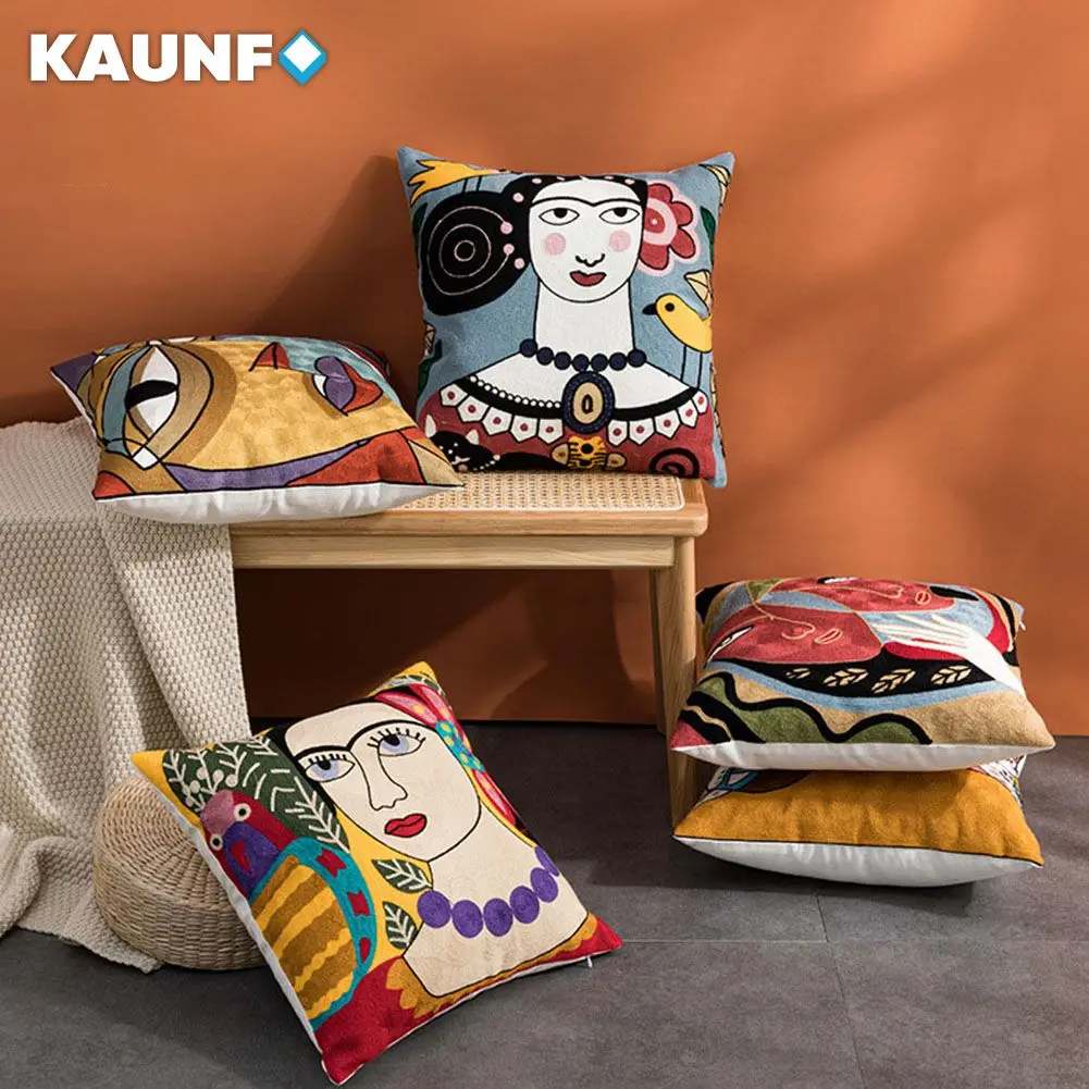 

KAUNFO Picasso Graffiti Art Painting Streak Face Abstract Embroidery Cushion Cover Pillowcase Art Pillow Cover 45x45cm 1PC