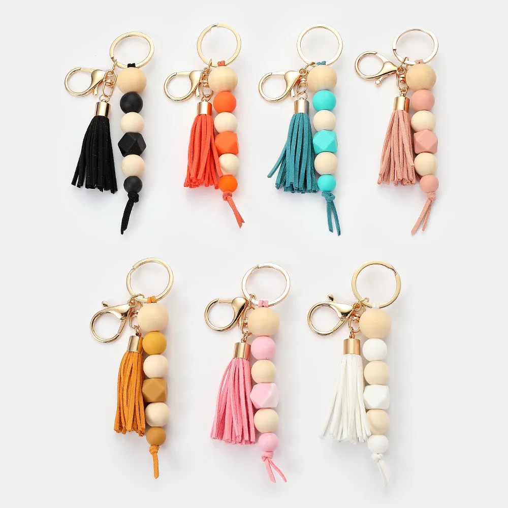 

2022 New Fashion Beads Keychains for Women Girls Simple Summer Silicon Wood Beaded Pendant Tassel Keychain Accessory Gifts