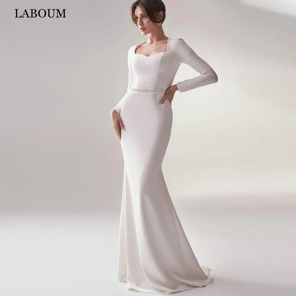 

LaBoum Elegant V-Neck Mermaid Wedding Dresses For Women Long Sleeves Satin Bridal Gowns Pearls Vestidos De Novia Sweep Train