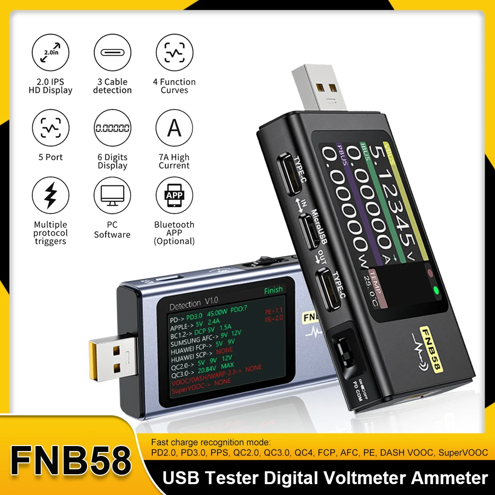 

2,4 дюймов FNB58 триггер Вольтметр Амперметр ток и вольтметр USB тестер er USB Тип C инструмент для быстрой зарядки протокол тестирования Емкости