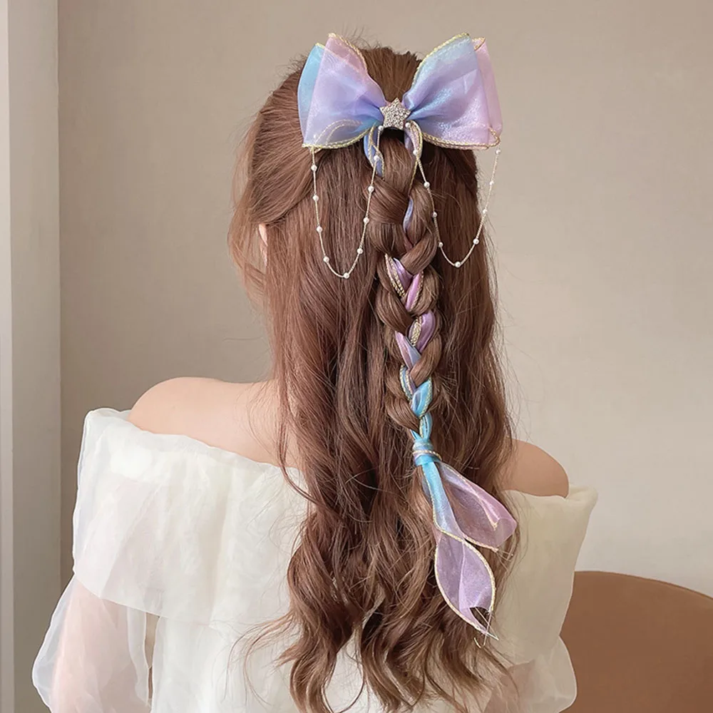 

Pearl Bow Headwear Hairpin Children's Woven Horsetail Tassel Ribbon Clibs Korean Style Kids' Hair Ties Girl's Cute Hair Cilbs