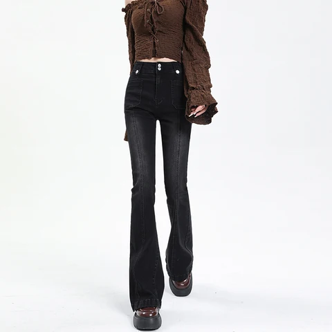 Flared Jeans Woman Vintage High Waist Women Slim Stretch Denim Tight Pant Korean Street Style Casual Trousers Plus Length