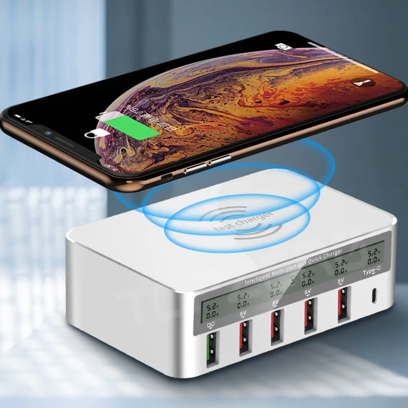

Vogek 10W Qi Wireless Charger LED Smart Display Fast Charging Station Mobile Phone QC3.0 Charger 5 USB Type C Power Adapter