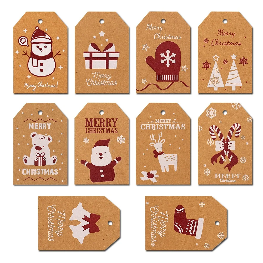 50pcs Kraft Paper of Merry Christmas Gift Tags Christmas Tree Decoration Santa Claus Snowman Socks Deer Happy New Year Gift Card