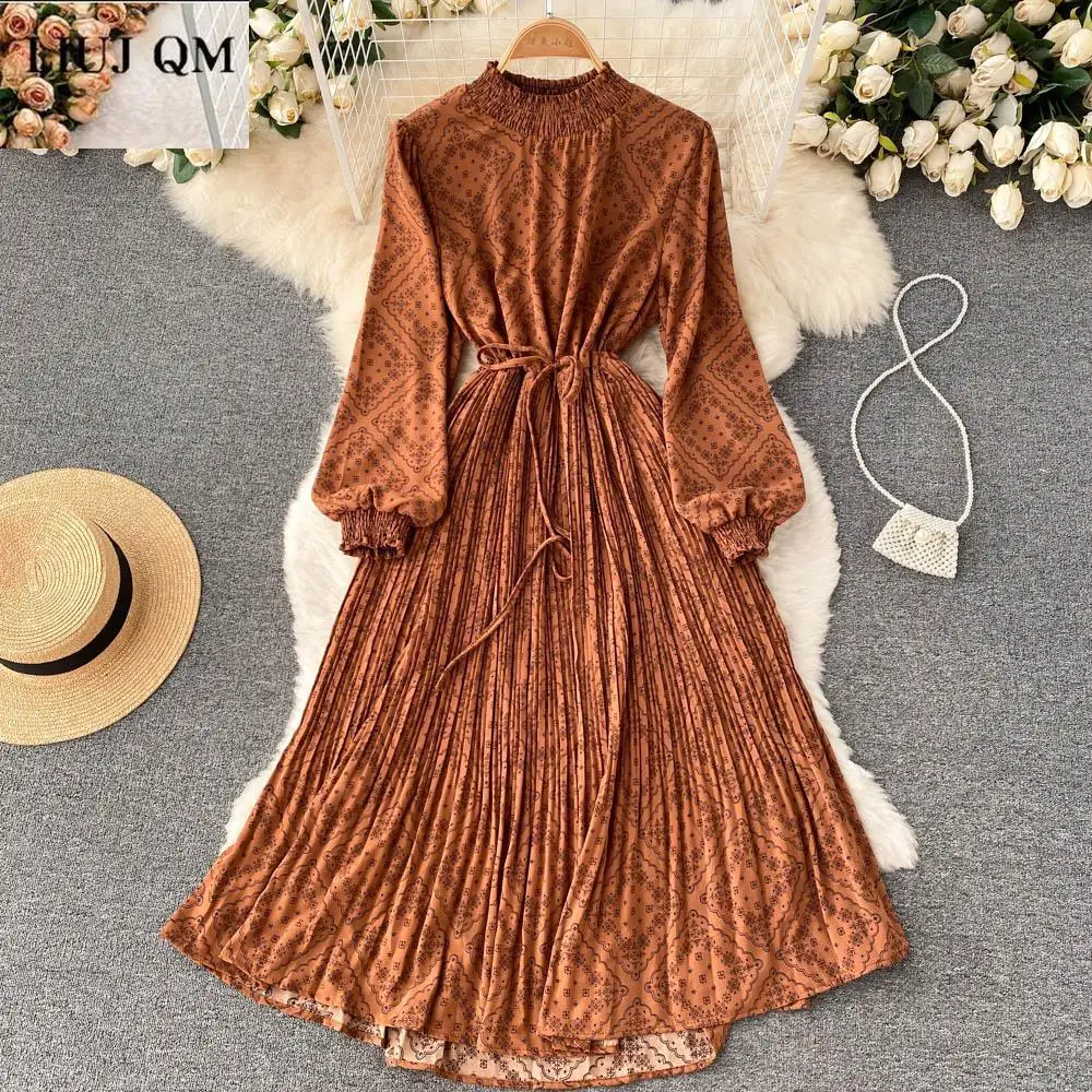 

Женское плиссированное платье-трапеция, Элегантное Длинное Платье до середины икры с длинным рукавом, воротником-стойкой, высокой талией и ...