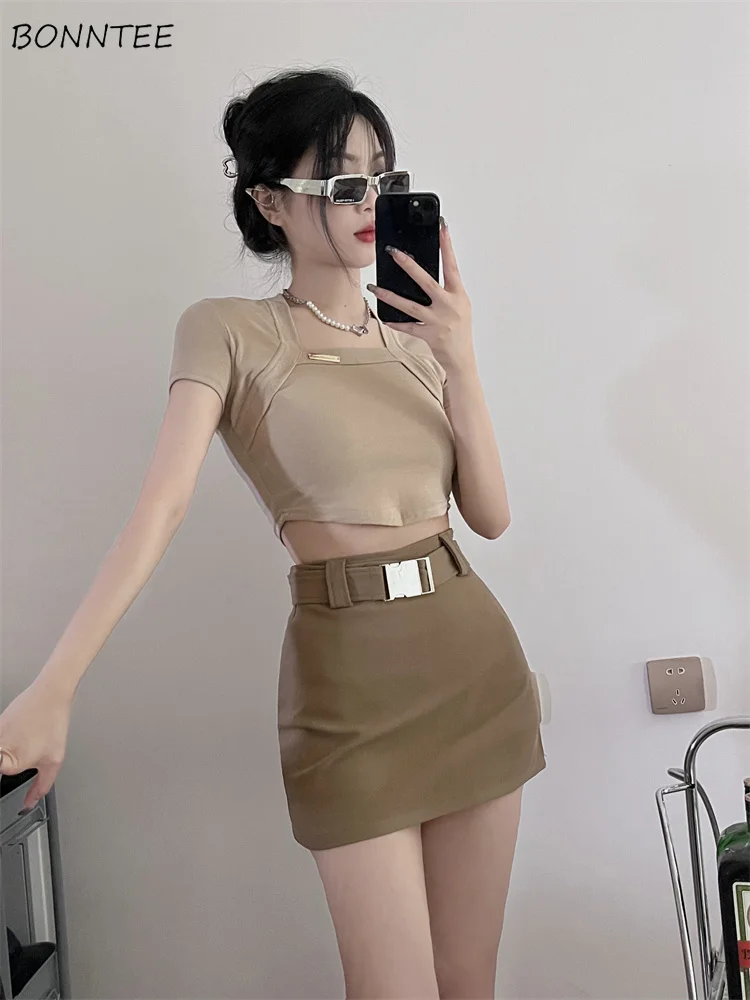 

Sets Women Crop Short Sleeve T-shirts Slim Sexy Mini Skirts with Sashes High Waist A-line Summer Females Sequined Vintage Korean