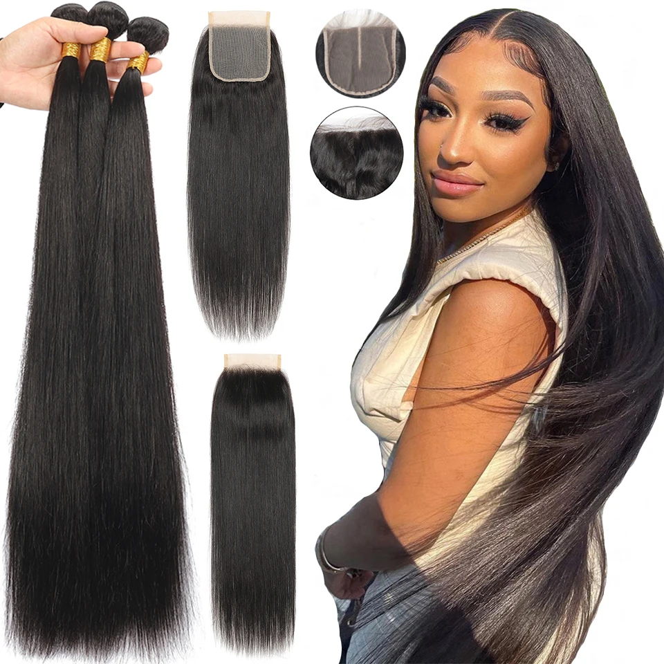 BAHW Hair Transparent 4x4 Lace Closure With Human Hair Bundles  Brazilian Straight Bundles With Closure For Black Women 30 Inch